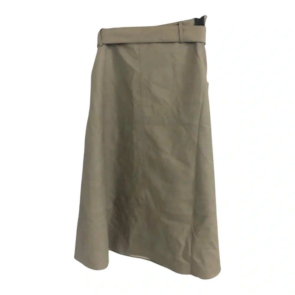 Haute Monde olive green leather look fit and flare belted skirt size large new‎